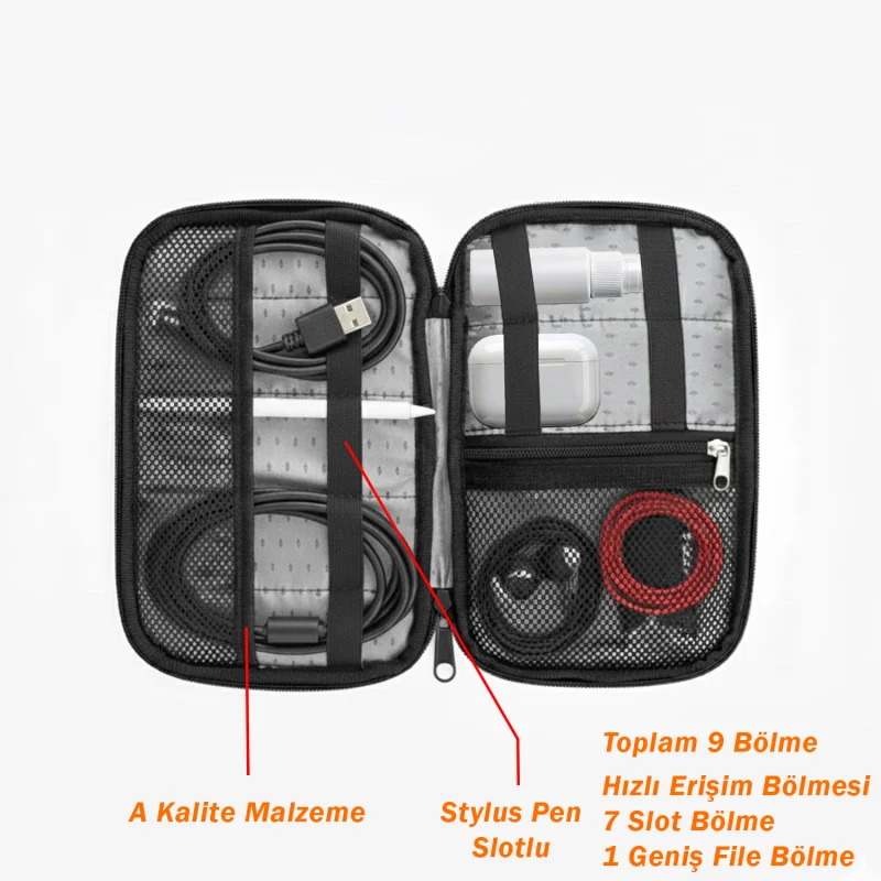 9 Bölmeli Küçük Kablo Organizeri Stylus Pen Akıllı Kalem Slotlu UR5389