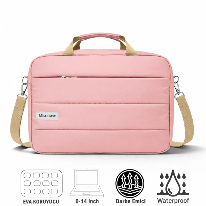 Su Geçirmez 3 Bölmeli Darbelere Dayanıklı Tablet Notebook Macbook Evrak Çantası 14 inch Pembe UR5496