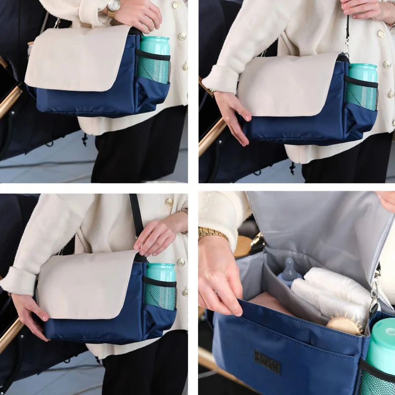 Omuz Askılıklı ve El Tutacaklı 2'si 1 Arada Ayarlanabilir Cırt'lı Bebek Arabası Çantası Lacivert Krem UR4236