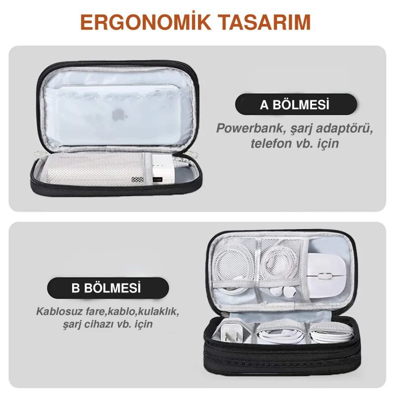 Taşınabilir Su Geçirmez Çift Katman ve Fermuarlı 8 Bölmeli HDD Harddisk Çantası UR4210