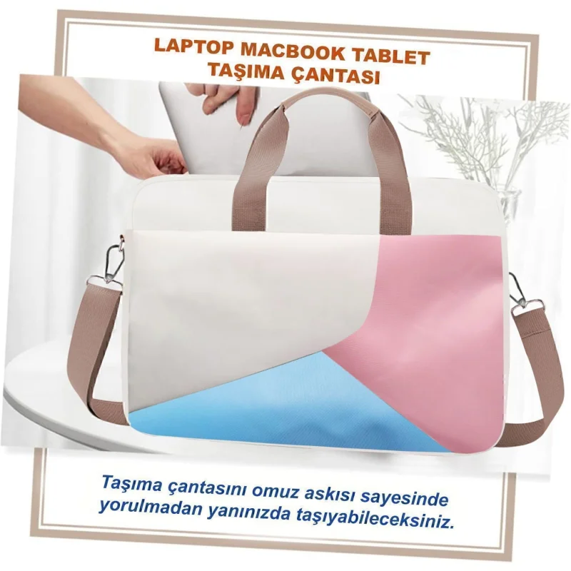 Tablet Macbook Laptop Çantası 2 Bölmeli 9-14 inch UR4227 Krem Pembe Mavi