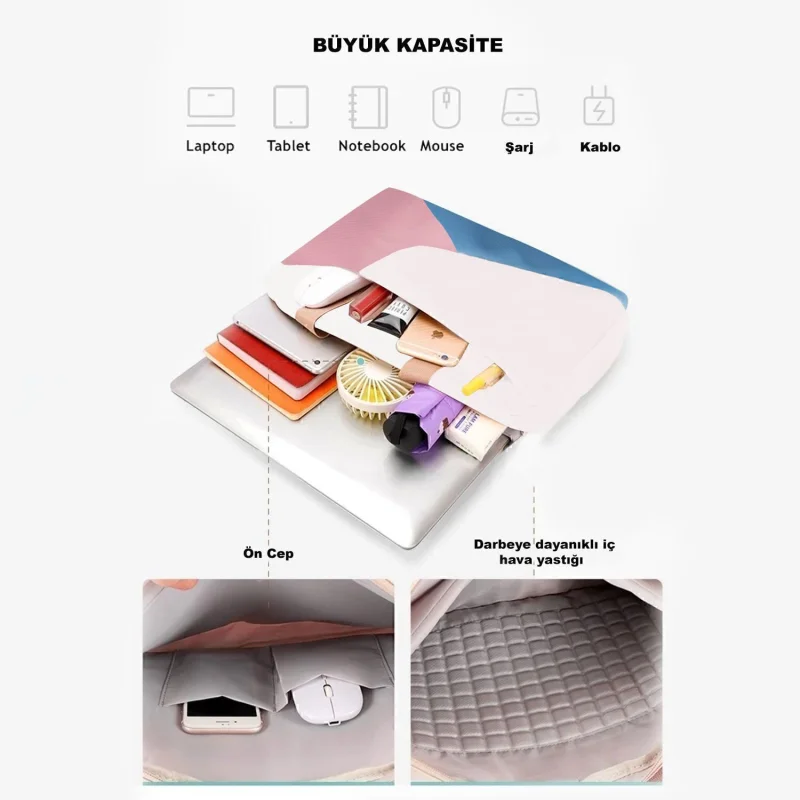 Tablet Macbook Laptop Çantası 2 Bölmeli 9-14 inch UR4227 Krem Pembe Mavi