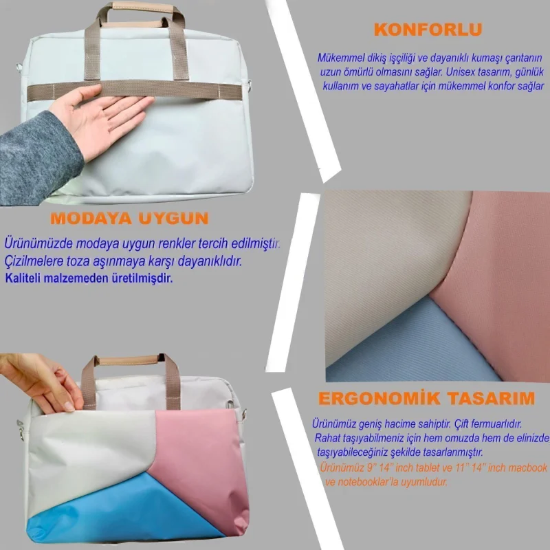 Tablet Macbook Laptop Çantası 2 Bölmeli 9-14 inch UR4227 Krem Pembe Mavi