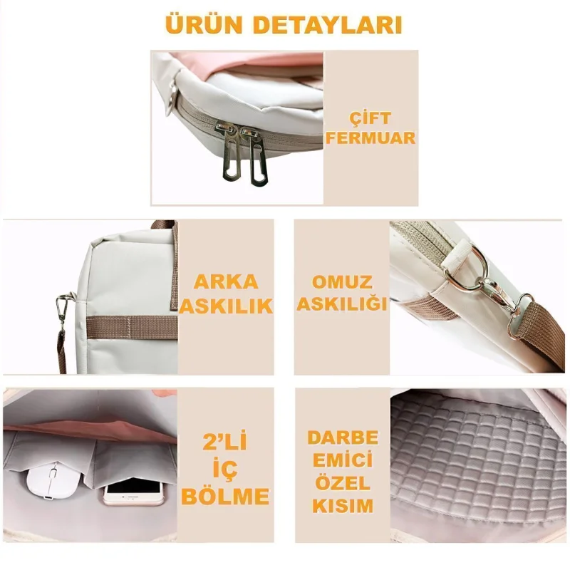Tablet Macbook Laptop Çantası 2 Bölmeli 9-14 inch UR4227 Krem Pembe Mavi