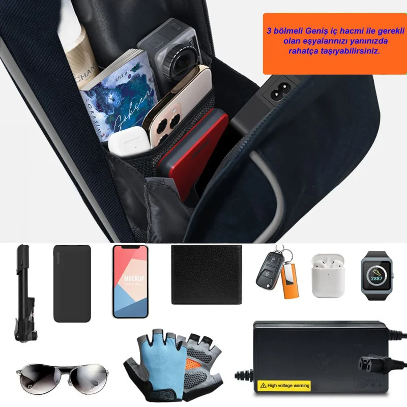 Taşınabilir Su Geçirmez 3 Bölmeli Geniş İç Hacimli Flaşörlü Scooter Bisiklet Çantası UR4249 Siyah