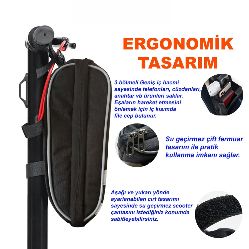 Taşınabilir Su Geçirmez 3 Bölmeli Geniş İç Hacimli Flaşörlü Scooter Bisiklet Çantası UR4249 Siyah